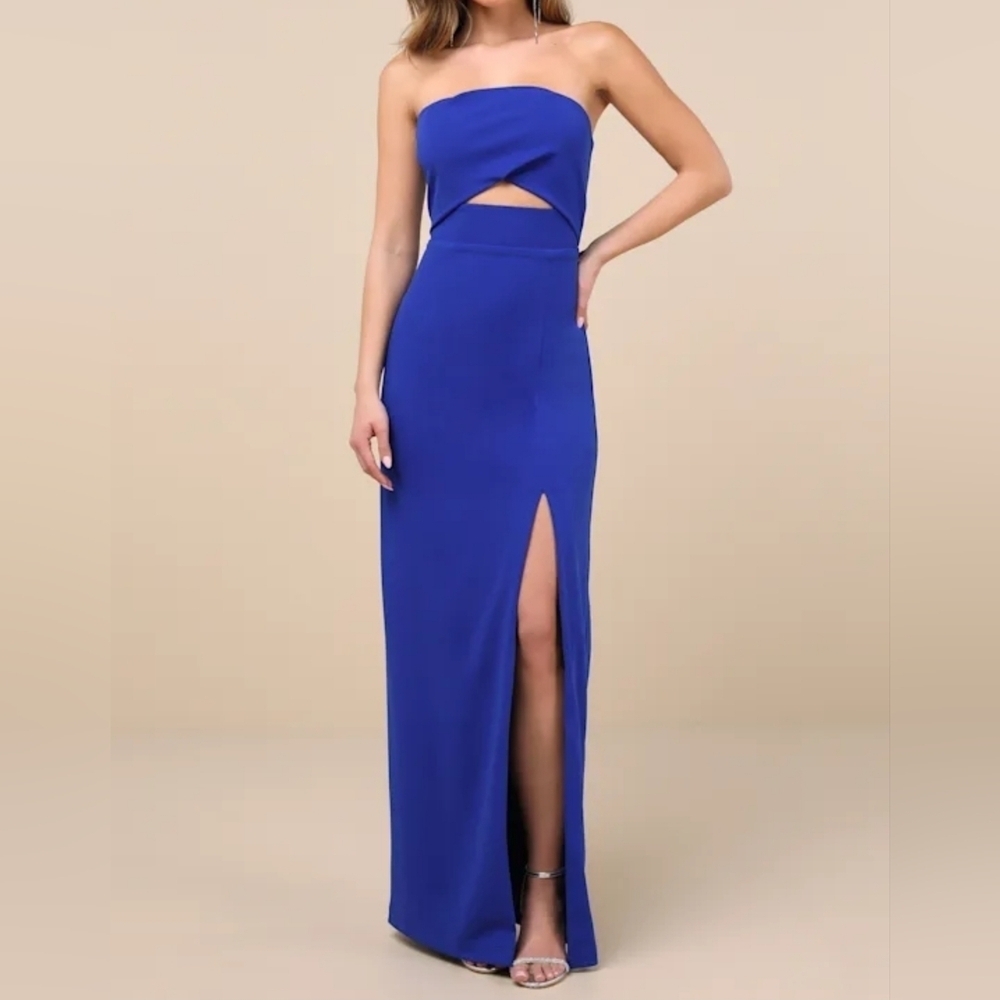 Lulus Extravagant Persona Blue Strapless Cutout Column Maxi Dress, XS